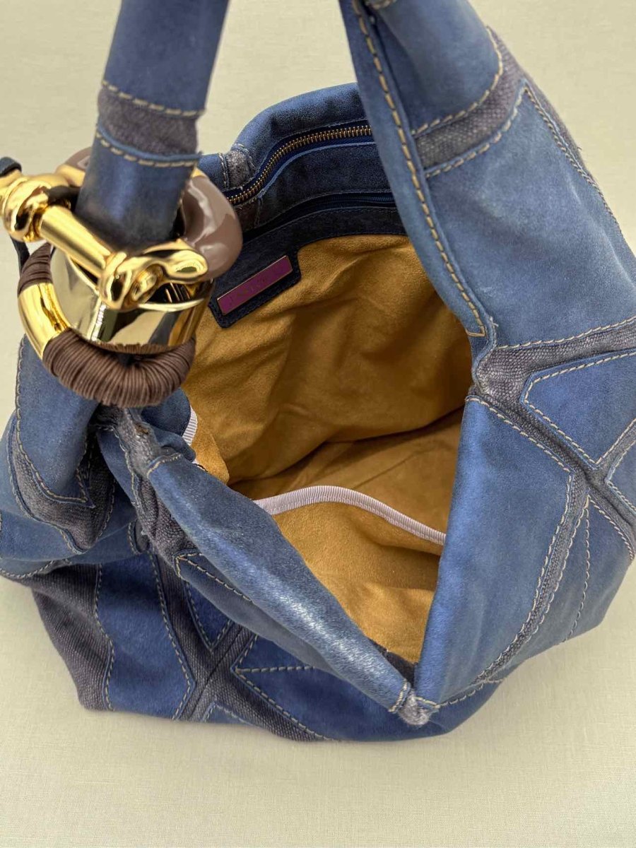 Pre - loved JIMMY CHOO Saba Blue Patchwork Hobo bag at Reems Closet
