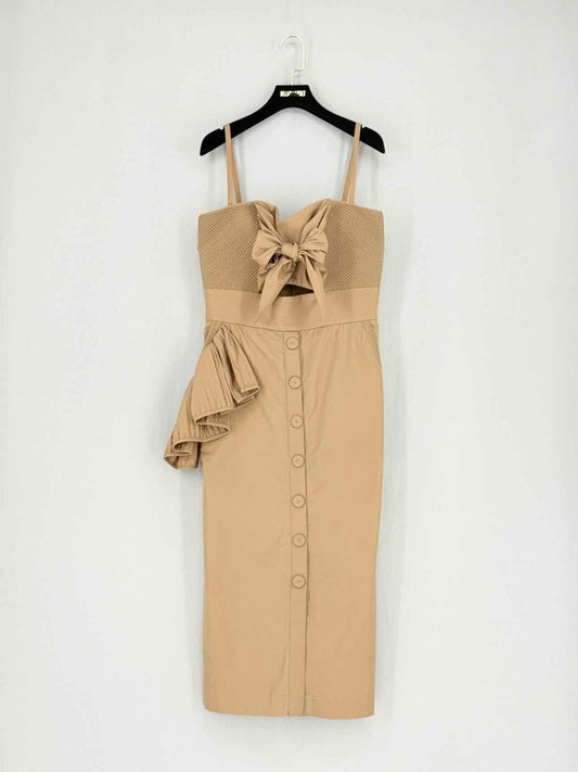 Pre - loved JOHANNA ORTIZ Mocha Frilled Size US 6 Midi Dress at Reems Closet