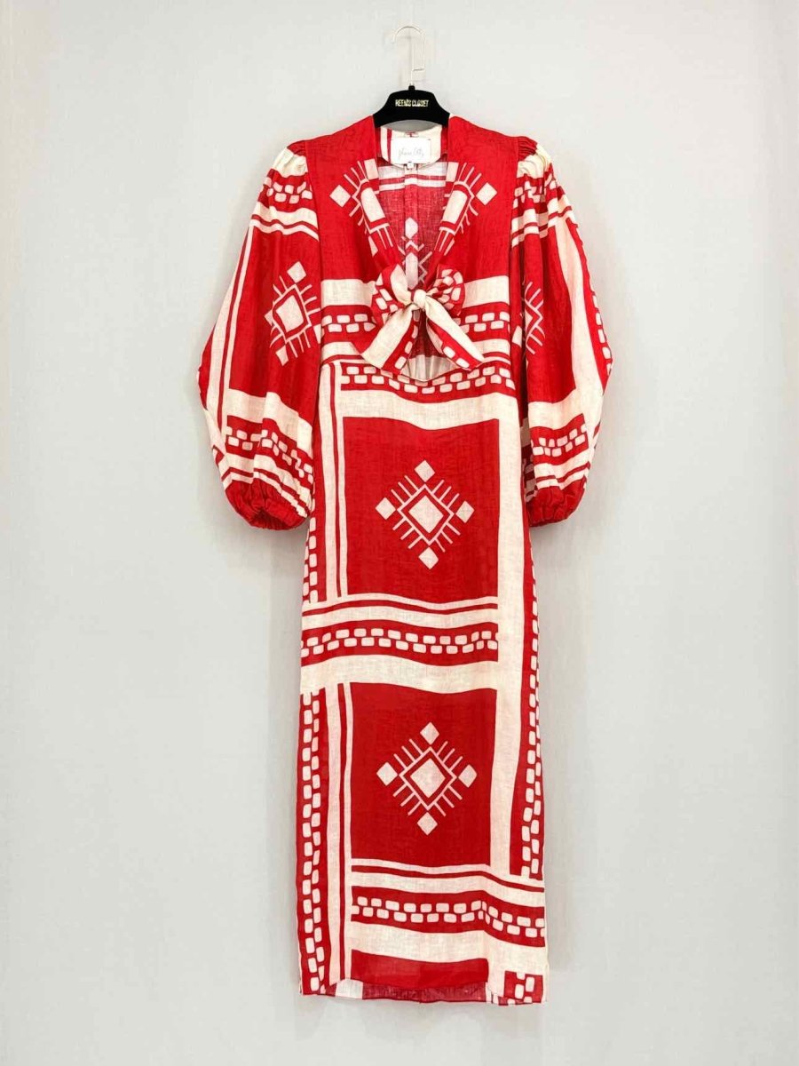 Pre - loved JOHANNA ORTIZ Red w/ White Size US 0 Midi Dress at Reems Closet