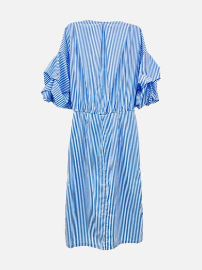 Pre - loved JOHANNA ORTIZ Ruffled Blue & White Size US 6 Midi Dress at Reems Closet