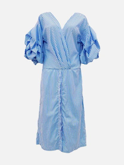 Pre - loved JOHANNA ORTIZ Ruffled Blue & White Size US 6 Midi Dress at Reems Closet