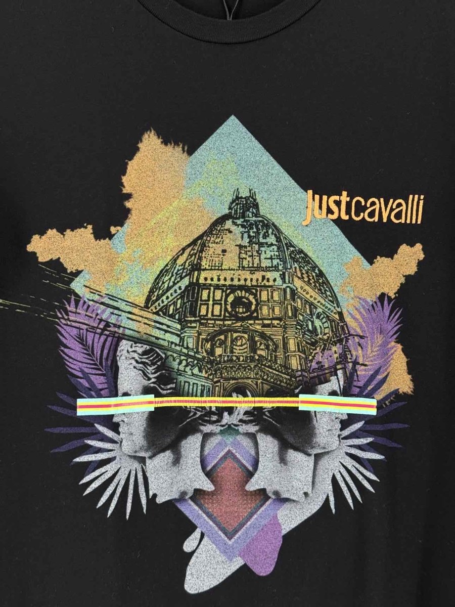 Pre - loved JUST CAVALLI Black Multicolor Size Medium T-shirt at Reems Closet