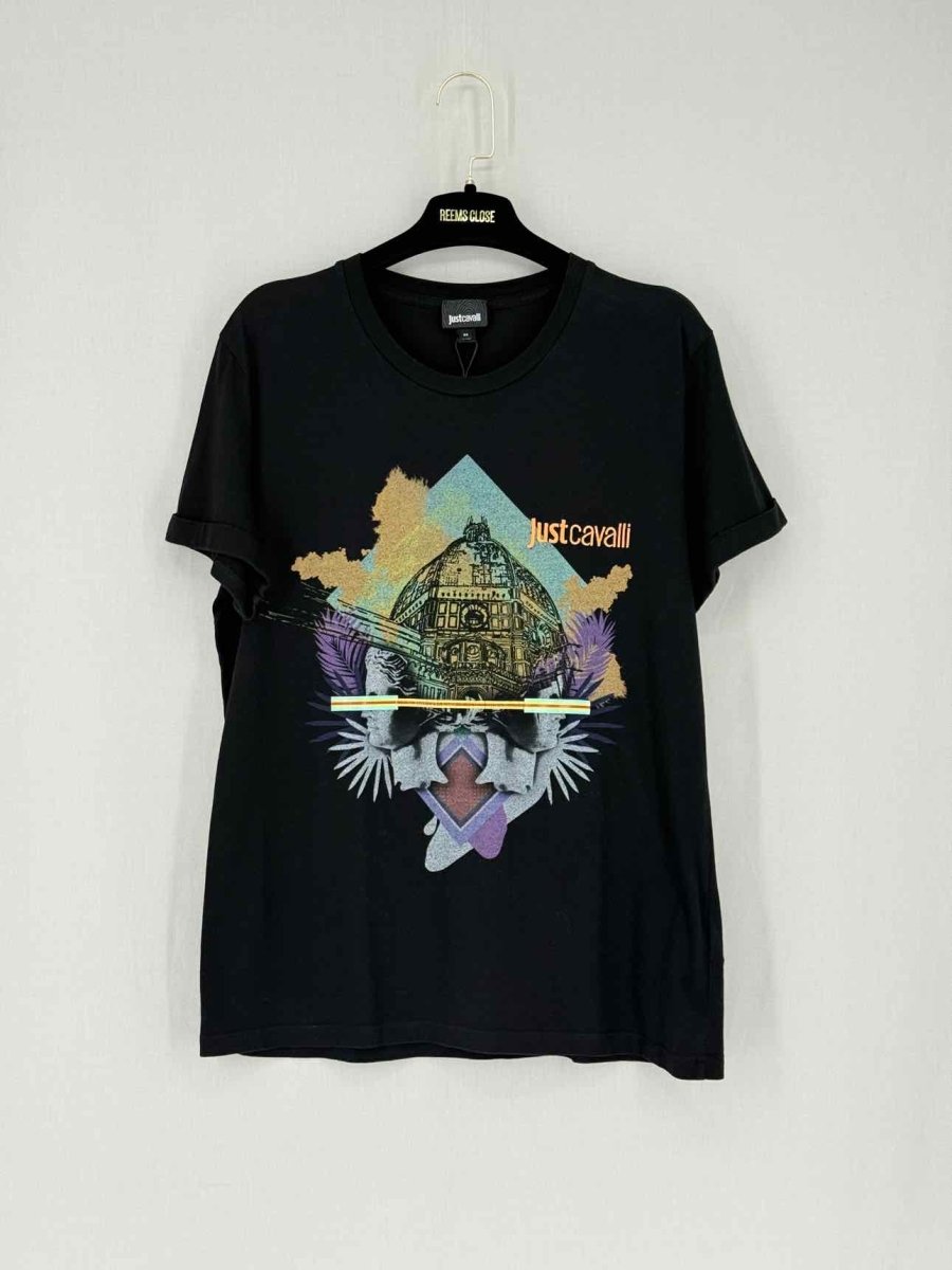 Pre - loved JUST CAVALLI Black Multicolor Size Medium T-shirt at Reems Closet