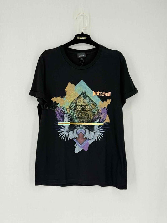 Pre - loved JUST CAVALLI Black Multicolor Size Medium T-shirt at Reems Closet