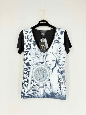 Pre - loved JUST CAVALLI White Multicolor Print Size Large T-shirt at Reems Closet