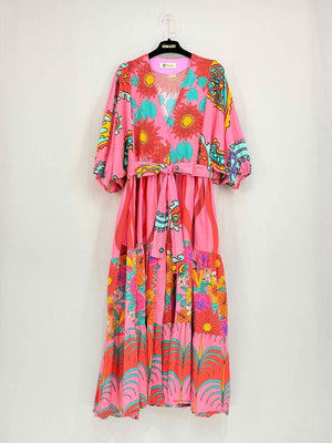 Pre - loved KARAVAN Pink Multicolor Print Size Small Midi Dress at Reems Closet