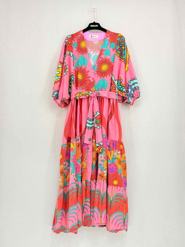 Pre - loved KARAVAN Pink Multicolor Print Size Small Midi Dress at Reems Closet