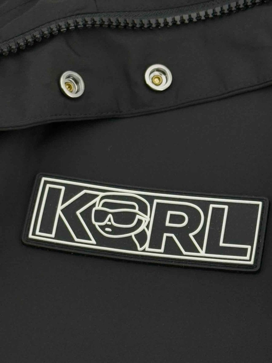 Pre - loved KARL LAGERFELD Black Logo Print Size Large Coat at Reems Closet