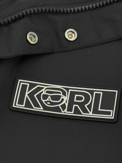 Pre - loved KARL LAGERFELD Black Logo Print Size Large Coat at Reems Closet