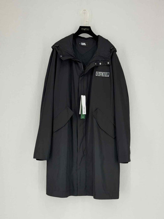 Pre - loved KARL LAGERFELD Black Logo Print Size Large Coat at Reems Closet