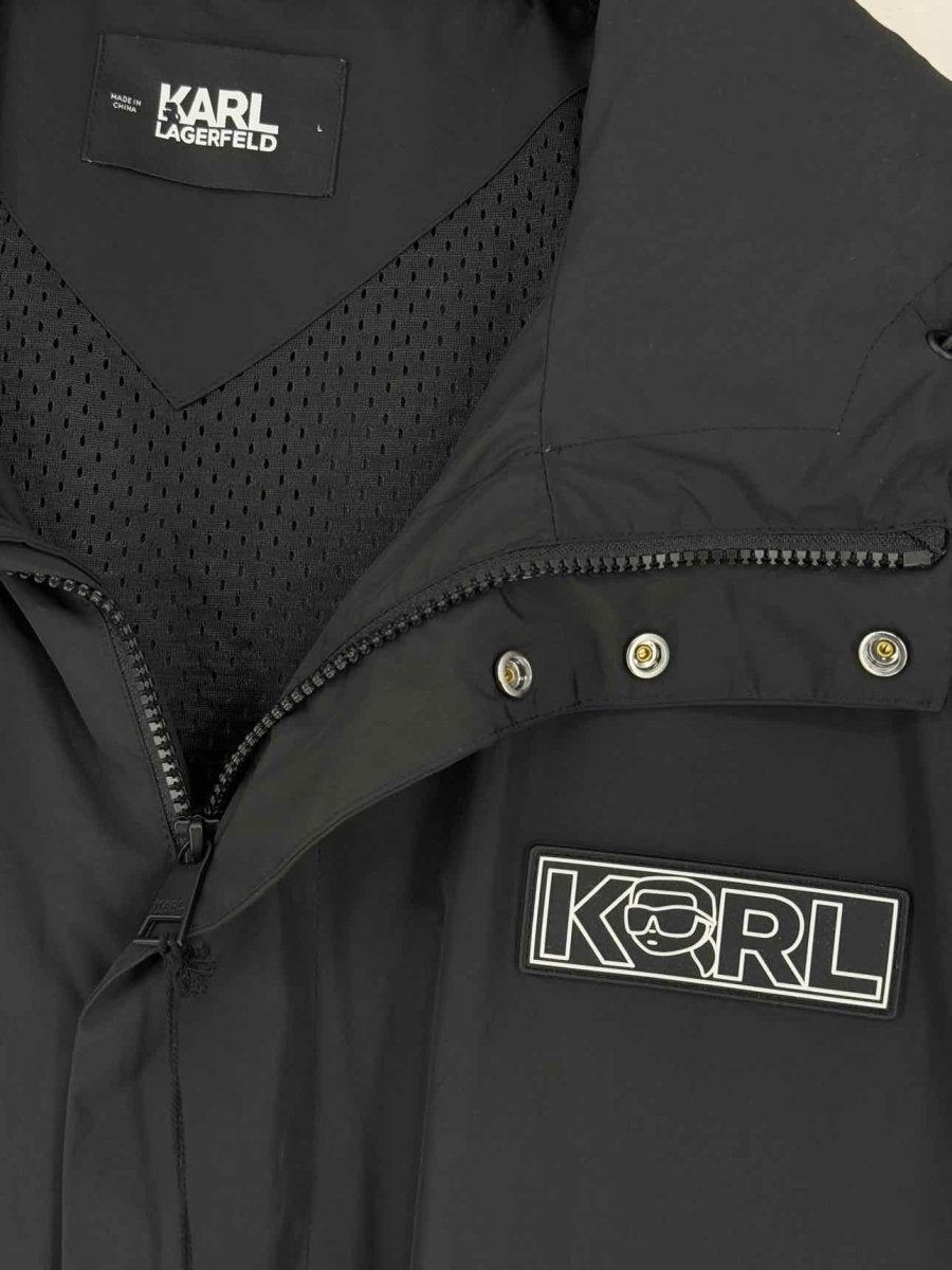 Pre - loved KARL LAGERFELD Black Logo Print Size Large Coat at Reems Closet