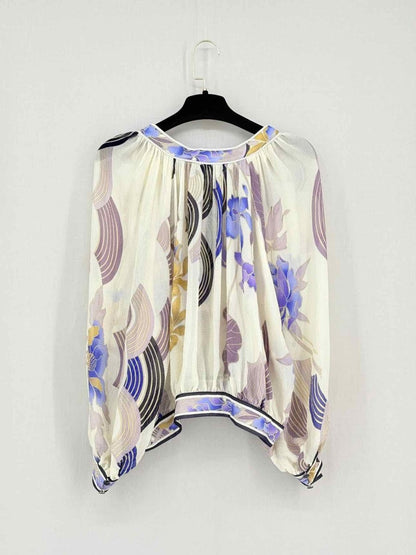 Pre - loved LEONARD Beige w/ Purple & Blue Size US 8 Blouse at Reems Closet