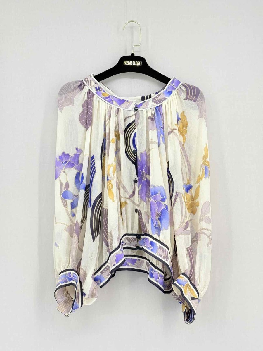 Pre - loved LEONARD Beige w/ Purple & Blue Size US 8 Blouse at Reems Closet