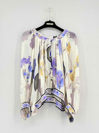 Pre - loved LEONARD Beige w/ Purple & Blue Size US 8 Blouse at Reems Closet