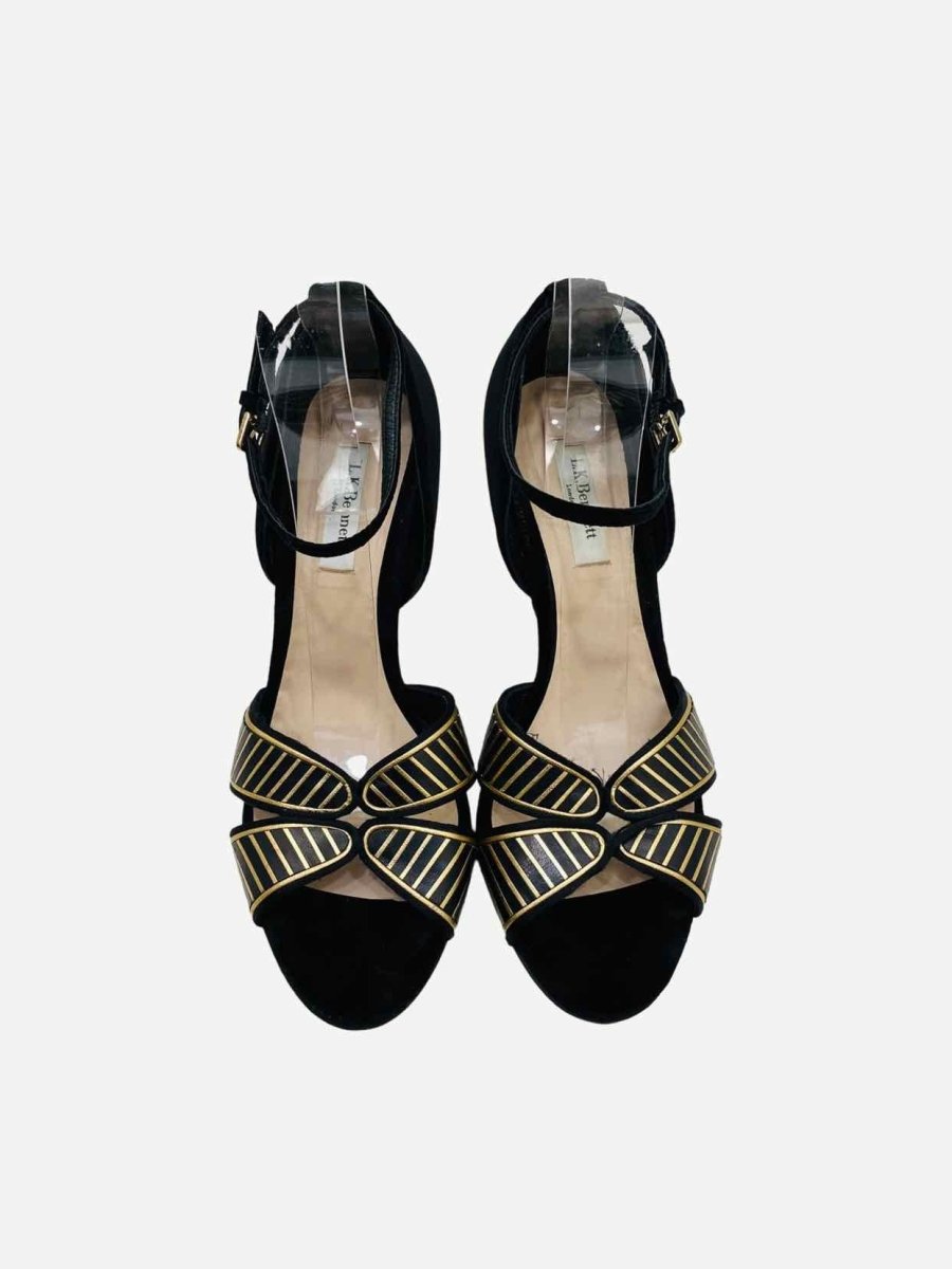 Pre - loved LK BENNETT Black w/ Gold Size EU 40 Wedges at Reems Closet