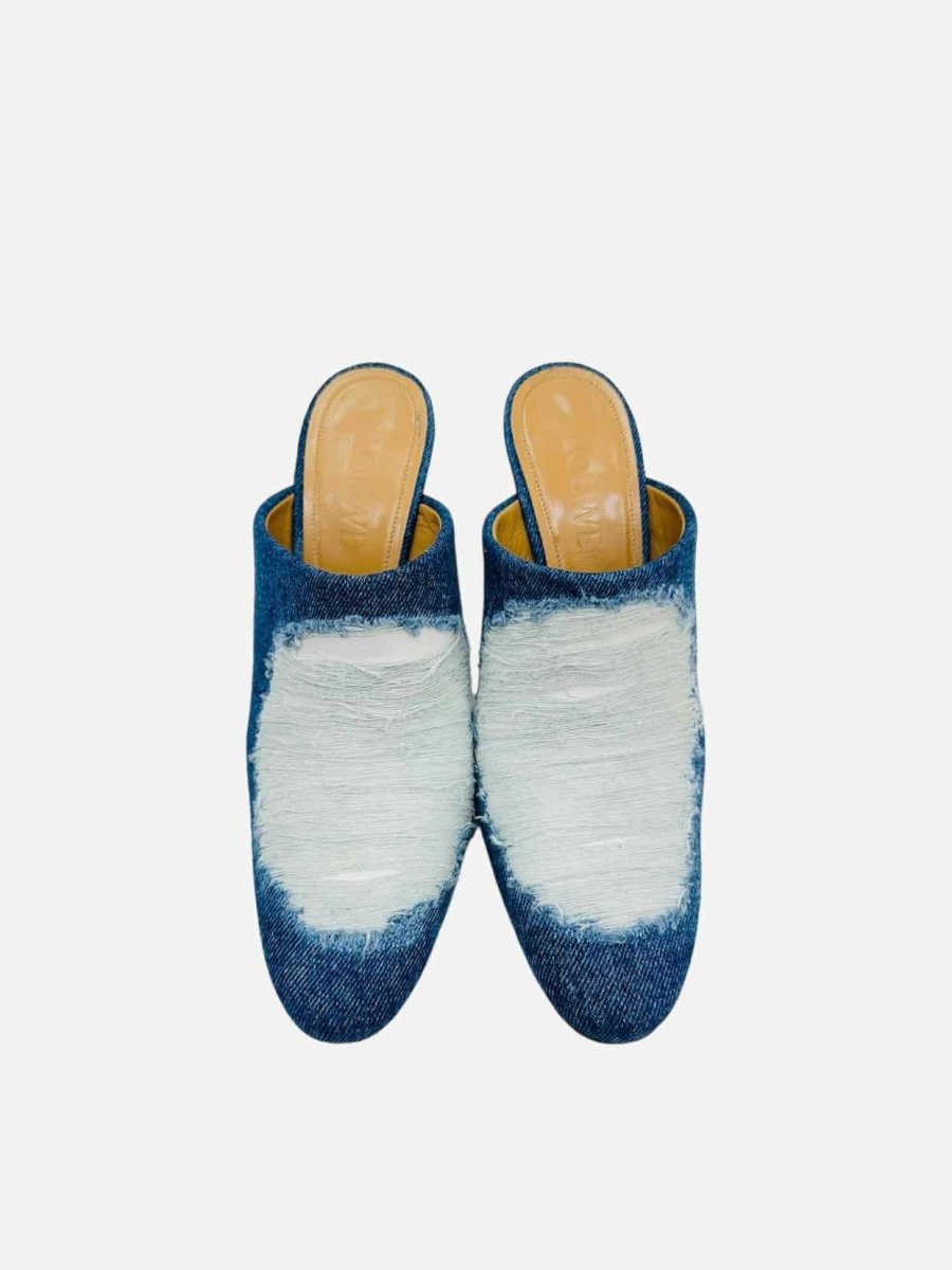 Pre - loved LOEWE Ripped Denim Blue & White Mules at Reems Closet