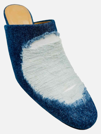 Pre - loved LOEWE Ripped Denim Blue & White Mules at Reems Closet