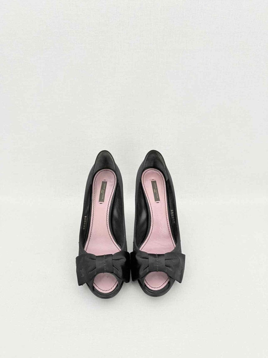 Pre - loved LOUIS VUITTON 95mm Open Toe Black Satin Pumps Size 37.5 at Reems Closet