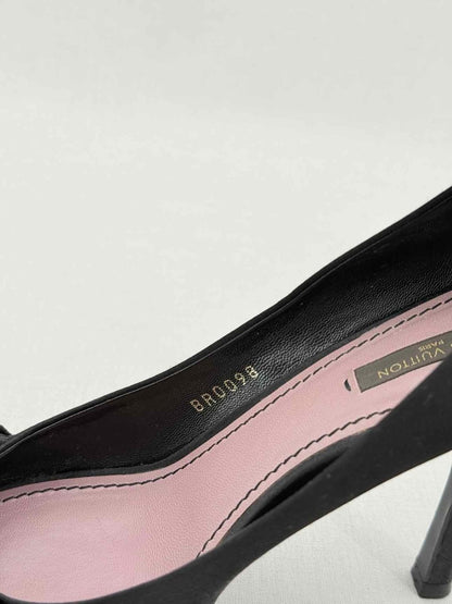 Pre - loved LOUIS VUITTON 95mm Open Toe Black Satin Pumps Size 37.5 at Reems Closet