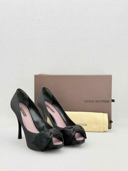 Pre - loved LOUIS VUITTON 95mm Open Toe Black Satin Pumps Size 37.5 at Reems Closet