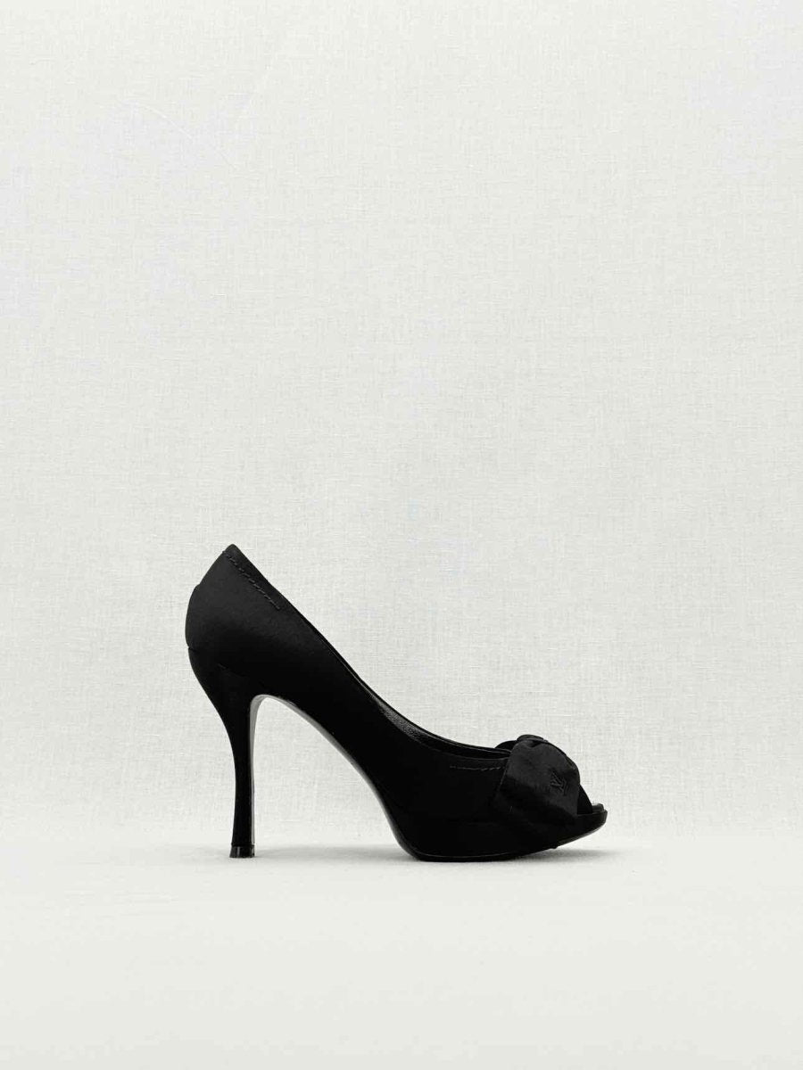 Pre - loved LOUIS VUITTON 95mm Open Toe Black Satin Pumps Size 37.5 at Reems Closet