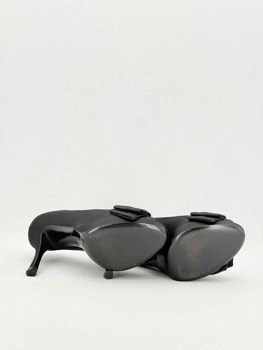 Pre - loved LOUIS VUITTON 95mm Open Toe Black Satin Pumps Size 37.5 at Reems Closet