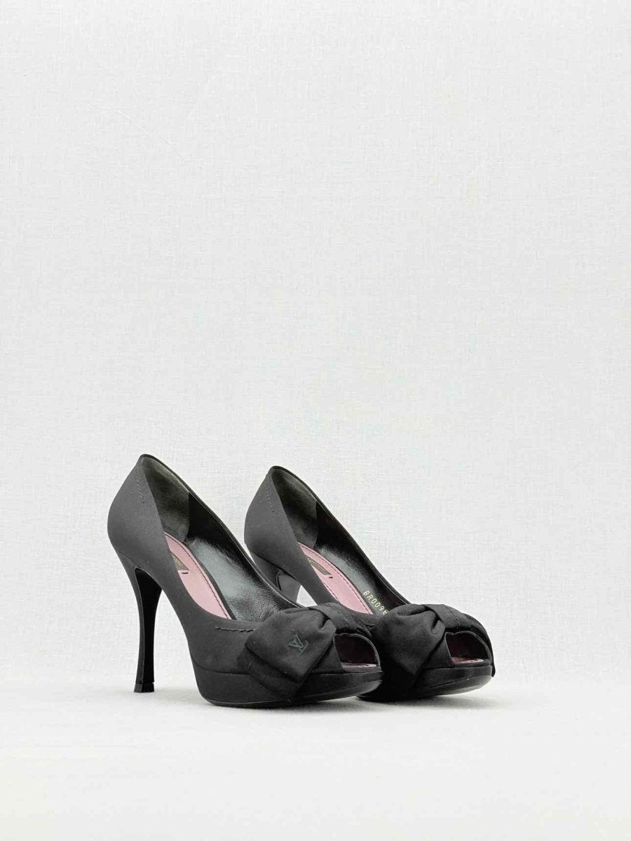 Pre - loved LOUIS VUITTON 95mm Open Toe Black Satin Pumps Size 37.5 at Reems Closet