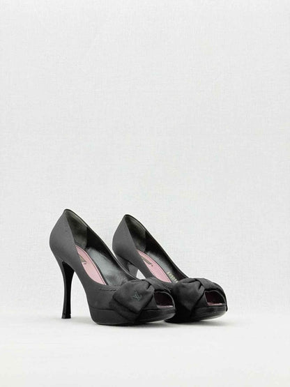 Pre - loved LOUIS VUITTON 95mm Open Toe Black Satin Pumps Size 37.5 at Reems Closet