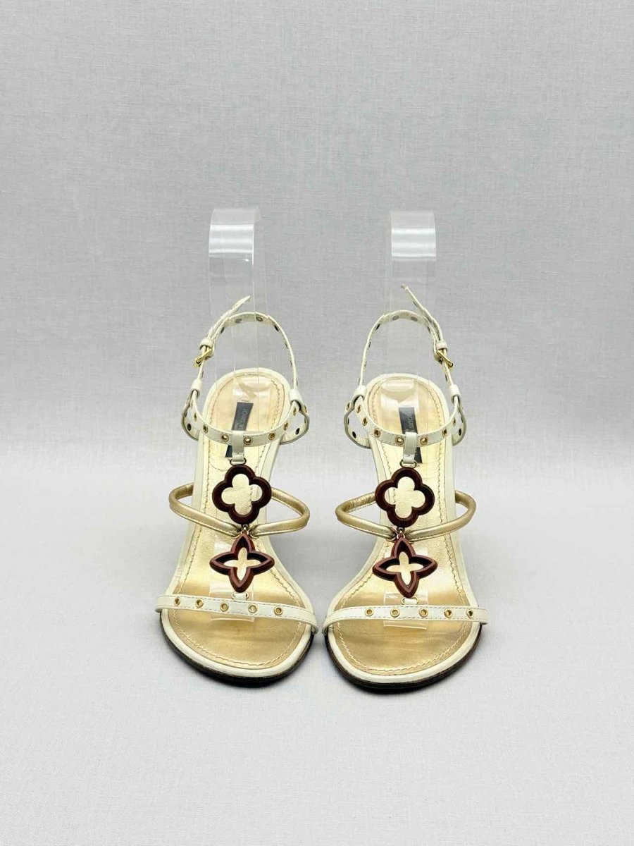 Pre - loved LOUIS VUITTON Beige & Tan Monogram Size EU 38.5 Wedges at Reems Closet