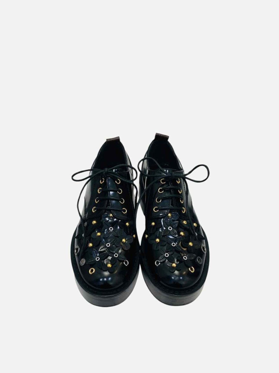 Pre - loved LOUIS VUITTON Black Monogram Applique Brogues at Reems Closet