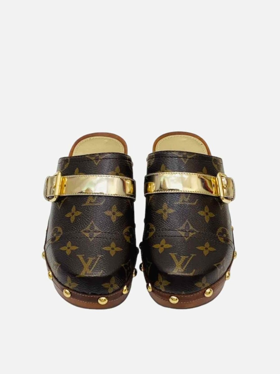 Pre - loved LOUIS VUITTON Canopy Brown & Gold Monogram Clogs at Reems Closet