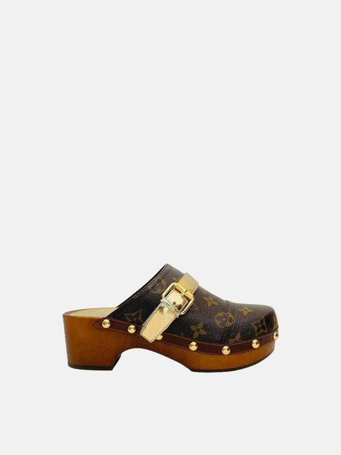 Pre - loved LOUIS VUITTON Canopy Brown & Gold Monogram Clogs at Reems Closet