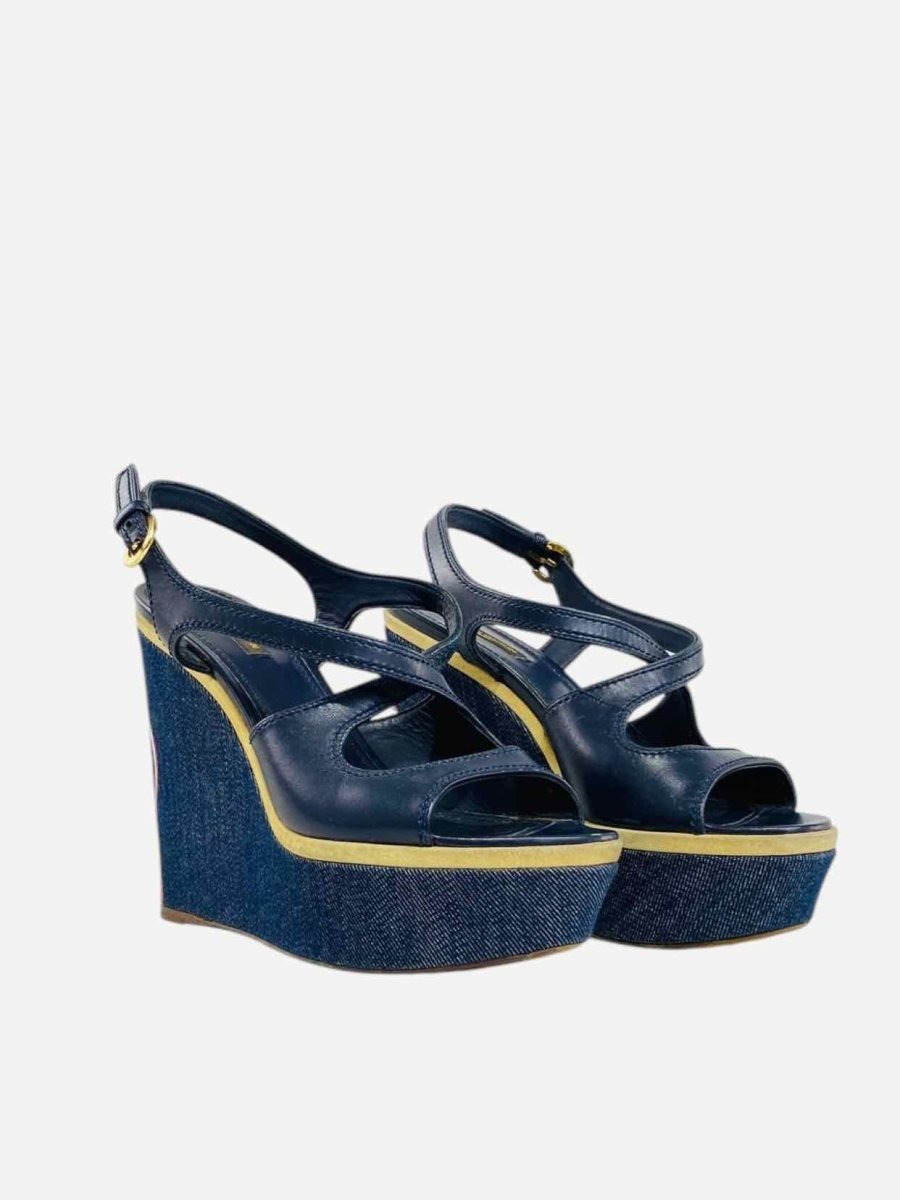 Pre - loved LOUIS VUITTON Denim Postcard Blue Wedges 39.5 at Reems Closet