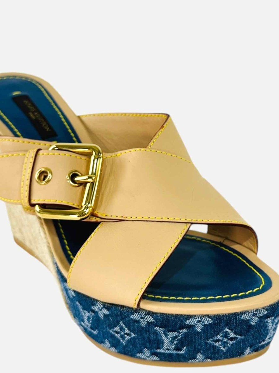 Pre - loved LOUIS VUITTON Espadrille Beige & Blue Monogram Wedges at Reems Closet