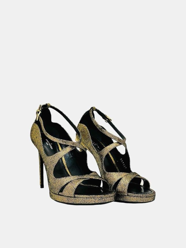 Pre - loved LOUIS VUITTON Gold Cracked Heeled Sandals 38 at Reems Closet