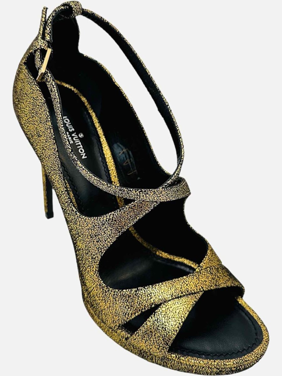 Pre - loved LOUIS VUITTON Gold Cracked Heeled Sandals 38 at Reems Closet