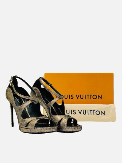 Pre - loved LOUIS VUITTON Gold Cracked Heeled Sandals 38 at Reems Closet