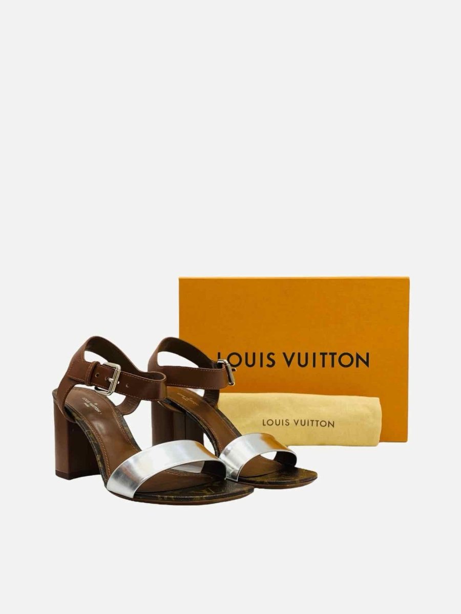 Pre - loved LOUIS VUITTON Golden Bloom Monogram Heeled Sandals at Reems Closet