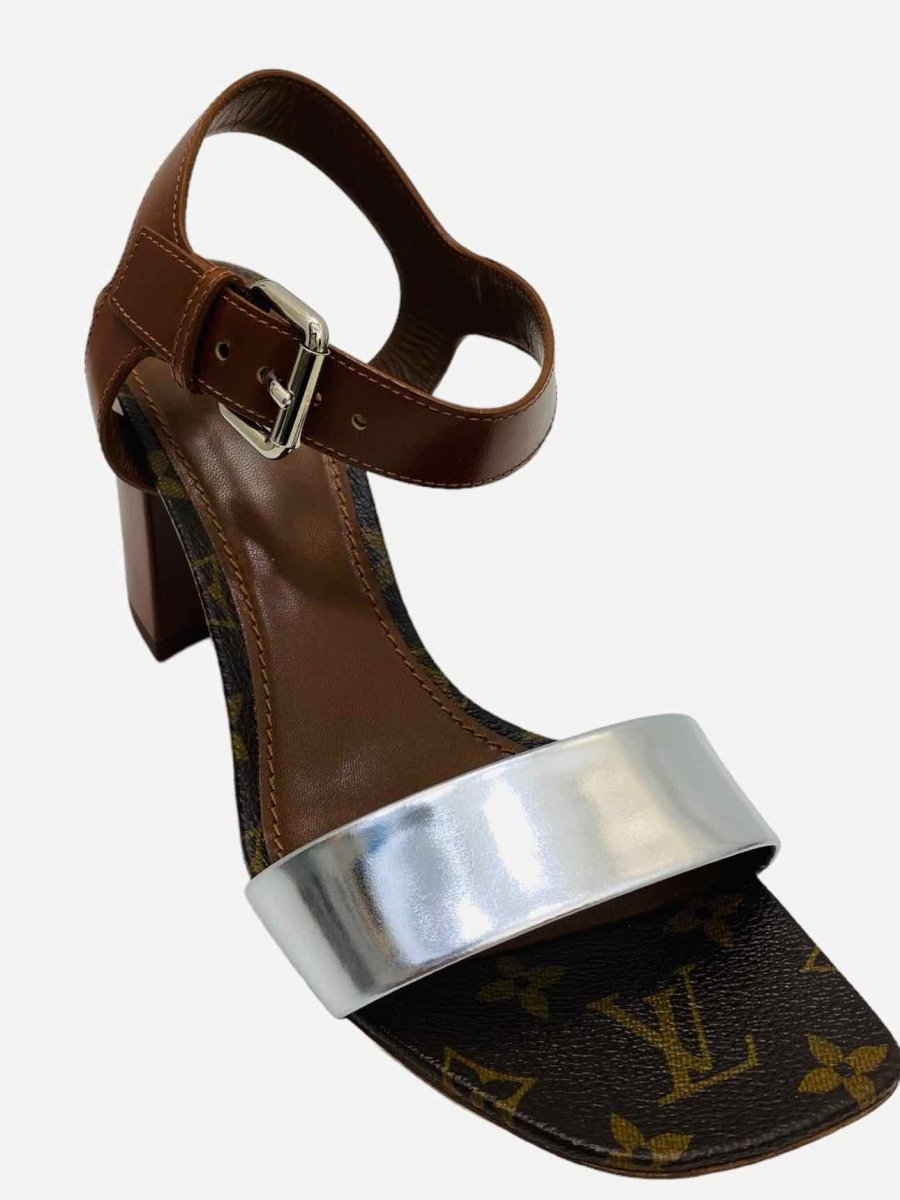 Pre - loved LOUIS VUITTON Golden Bloom Monogram Heeled Sandals at Reems Closet