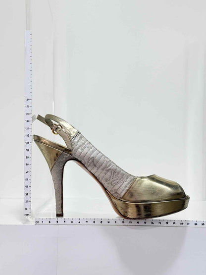 Pre - loved LOUIS VUITTON Grey & Gold Size EU 37 Heeled Sandals at Reems Closet