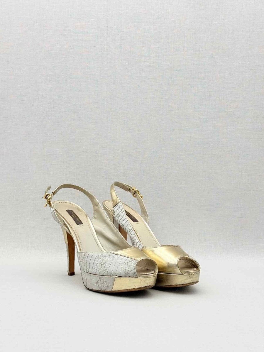 Pre - loved LOUIS VUITTON Grey & Gold Size EU 37 Heeled Sandals at Reems Closet