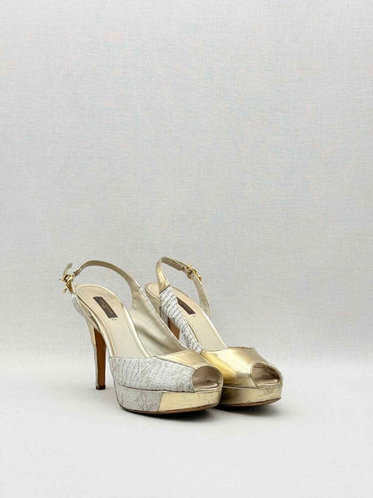 Pre - loved LOUIS VUITTON Grey & Gold Size EU 37 Heeled Sandals at Reems Closet