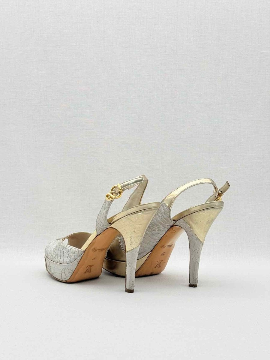 Pre - loved LOUIS VUITTON Grey & Gold Size EU 37 Heeled Sandals at Reems Closet