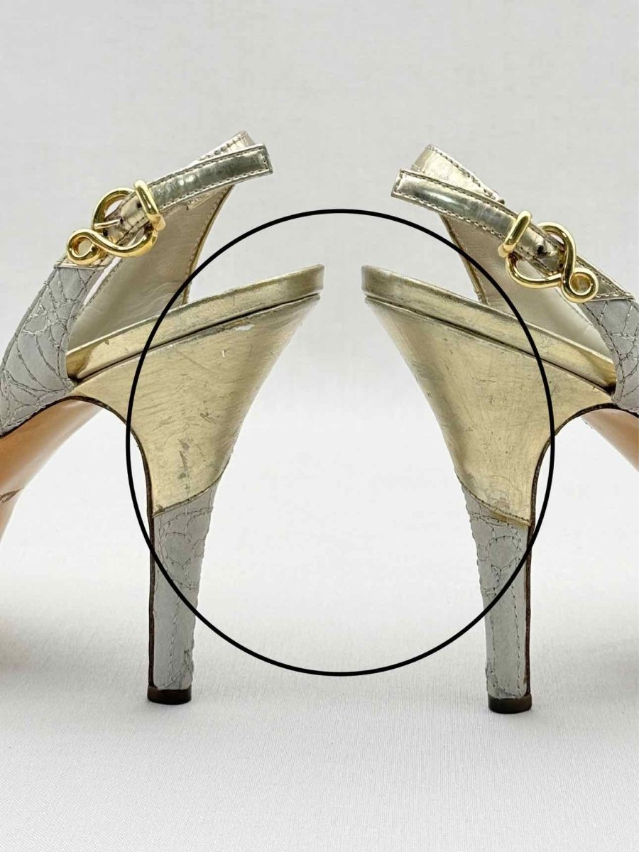 Pre - loved LOUIS VUITTON Grey & Gold Size EU 37 Heeled Sandals at Reems Closet