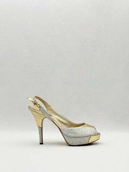 Pre - loved LOUIS VUITTON Grey & Gold Size EU 37 Heeled Sandals at Reems Closet