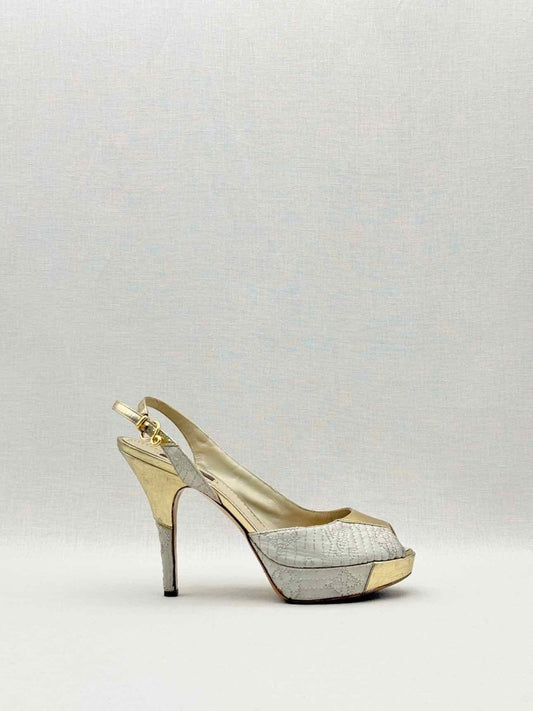 Pre - loved LOUIS VUITTON Grey & Gold Size EU 37 Heeled Sandals at Reems Closet