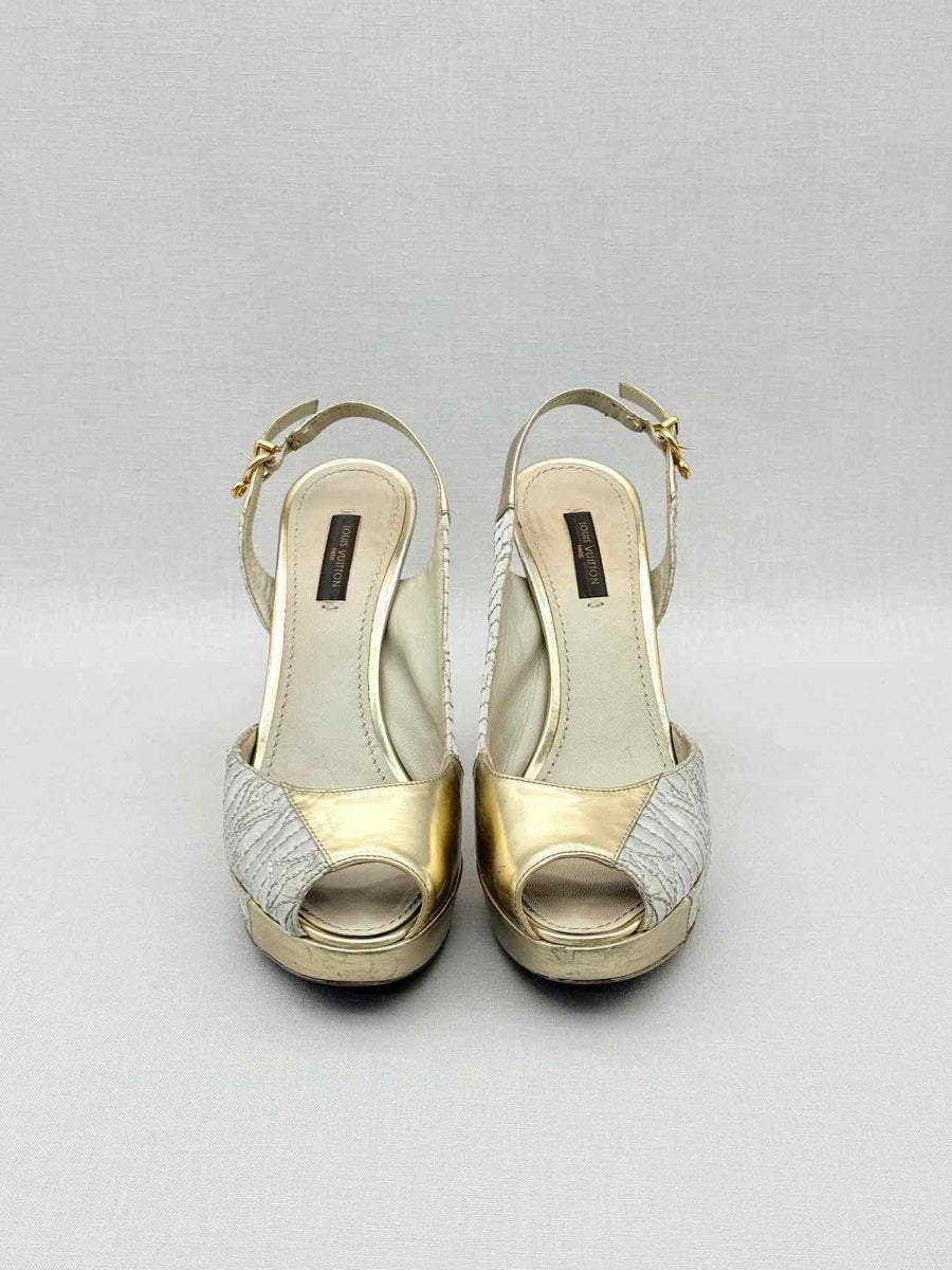 Pre - loved LOUIS VUITTON Grey & Gold Size EU 37 Heeled Sandals at Reems Closet