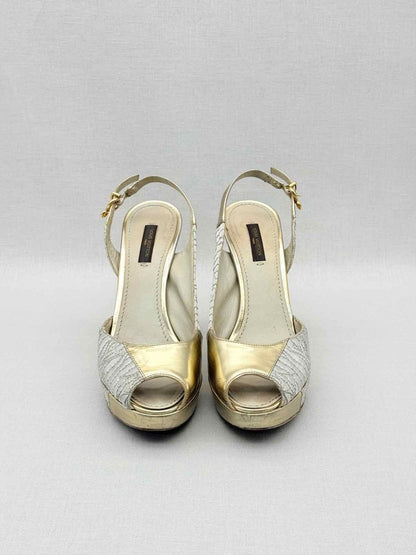 Pre - loved LOUIS VUITTON Grey & Gold Size EU 37 Heeled Sandals at Reems Closet