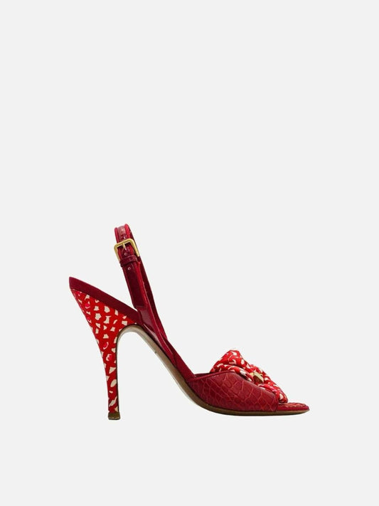 Pre-loved LOUIS VUITTON Red & White Bow Embellished Slingbacks from Reems Closet