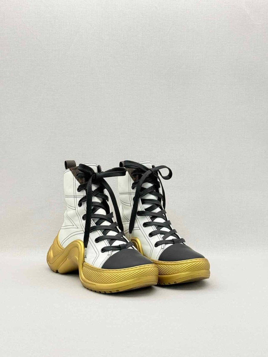 Pre-loved LOUIS VUITTON White w/ Gold Size EU 38.5 Sneaker Boots at Reems Closet